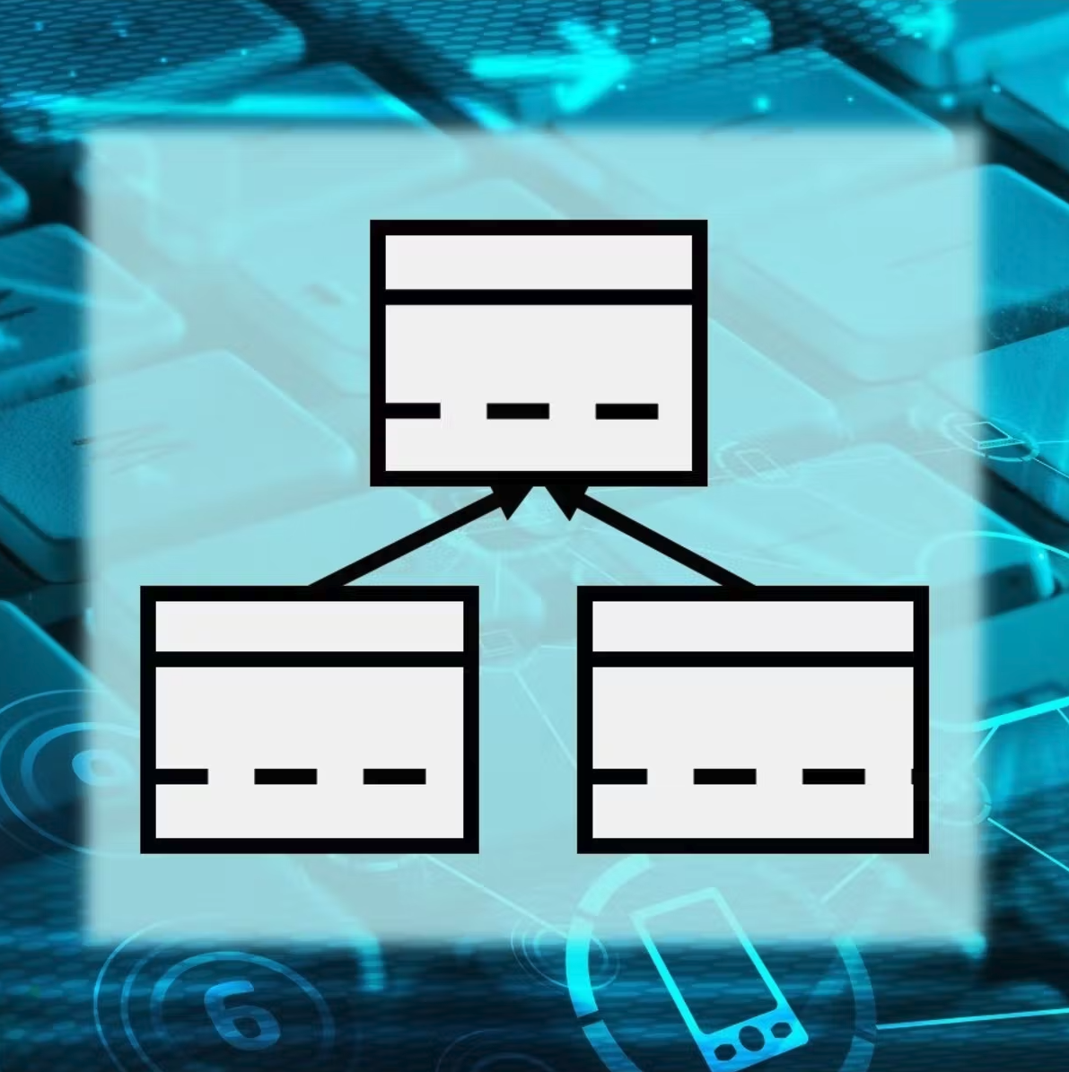 Object-oriented programming graphic with blue background image illustrating various computer science themes