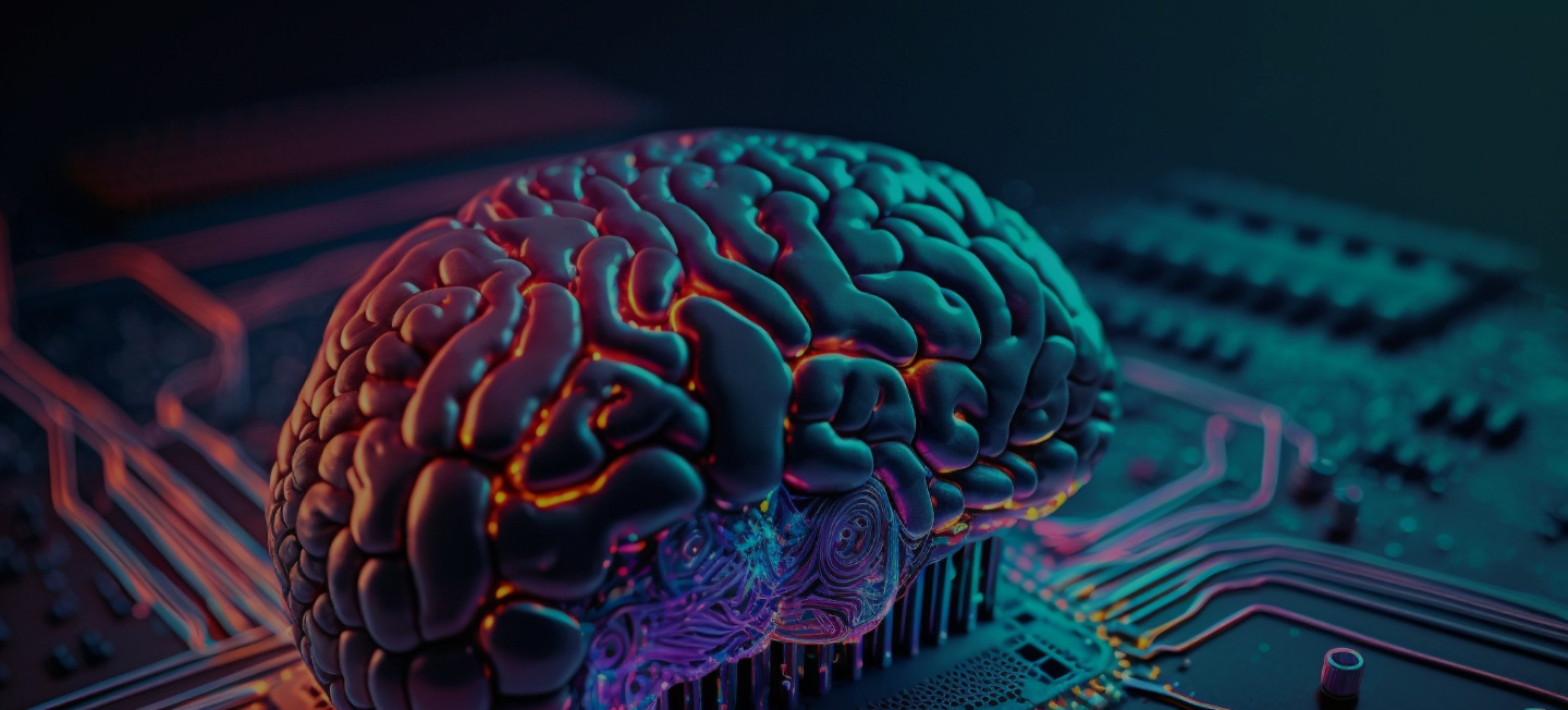 An AI-generated image of a brain integrated with computing hardware